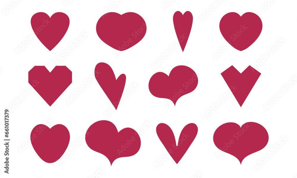 Set of various shapes pink hearts on white background for icons, valentine, posters, wallpapers, wrapping, pattern, webs, fabrics