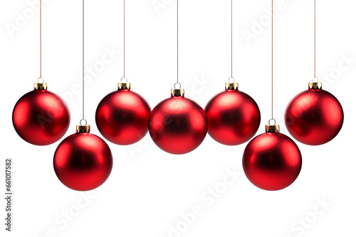 Set / Collection of red Christmas hanging decorative balls isolated on transparent background cutout PNG. Holiday ornament celebration. New Year Decoration.