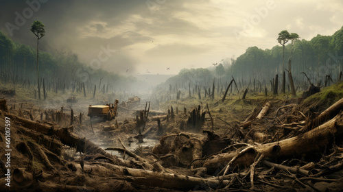 Illustrating the impacts of deforestation on the environment, featuring a scene with clear-cut forests, habitat loss, and environmental consequences. © DigiArtStudio