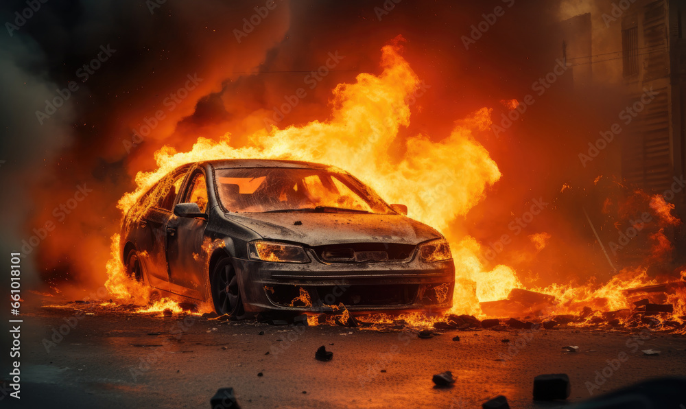 Burning car emitting thick smoke on a street. Burning car emitting thick smoke on a street.