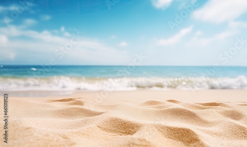 Serene beach landscape with glistening sand, gentle ocean waves.