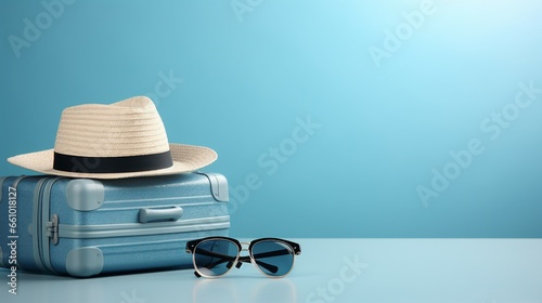 Blue suitcase with sun glasses  hat and camera on pastel blue background. travel concept. minimal style