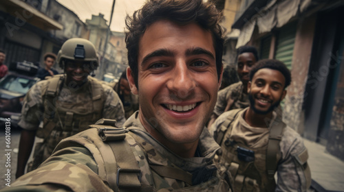Selfie of happy group of soldiers. Team work, friends.