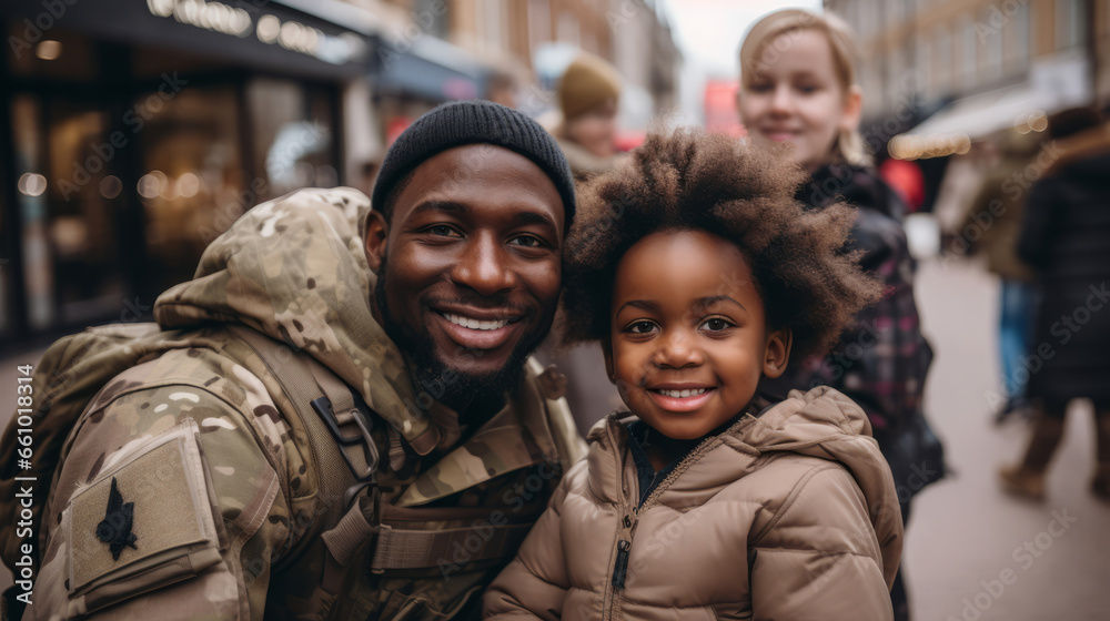 Portrait of soldier with happy family. Veteran homecoming concept.