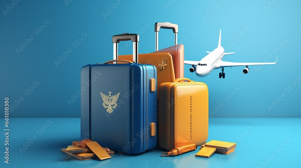 luggage or baggage and planes placed on passport for making advertising media about tourism and all object on blue background, vector 3d on blue background for travel and transport concept design - obrazy, fototapety, plakaty 