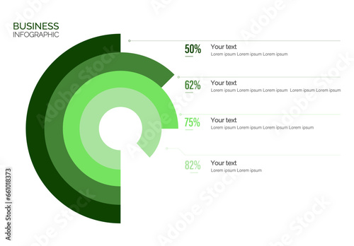 Infographic template for business. 4 Steps Modern Timeline diagram, presentation vector infographic. Infographic with circle. Percentage ratio. Percentages. Green