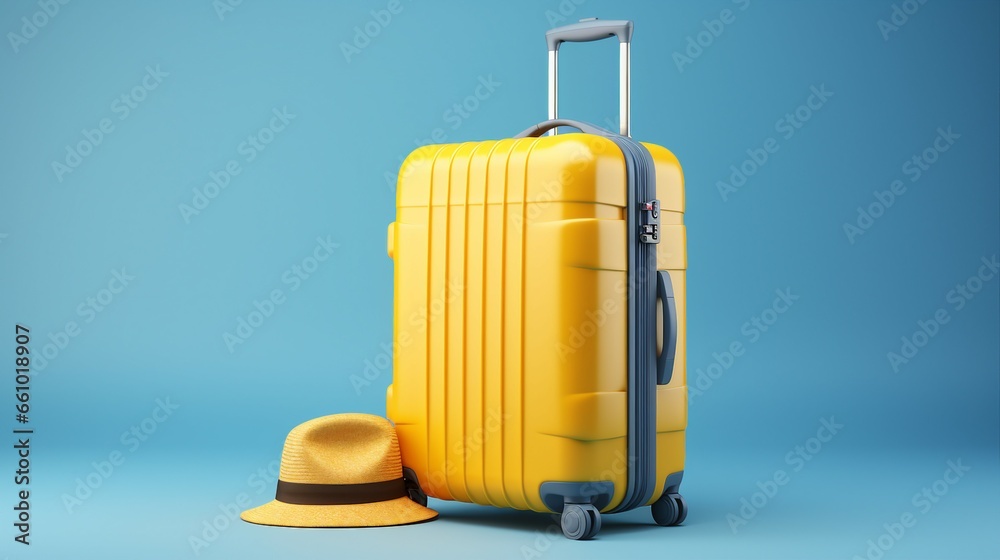 Yellow suitcase with traveler accessories on blue background. summer travel concept. 3d rendering Yellow suitcase with traveler accessories on blue background. summer travel concept. 3d rendering