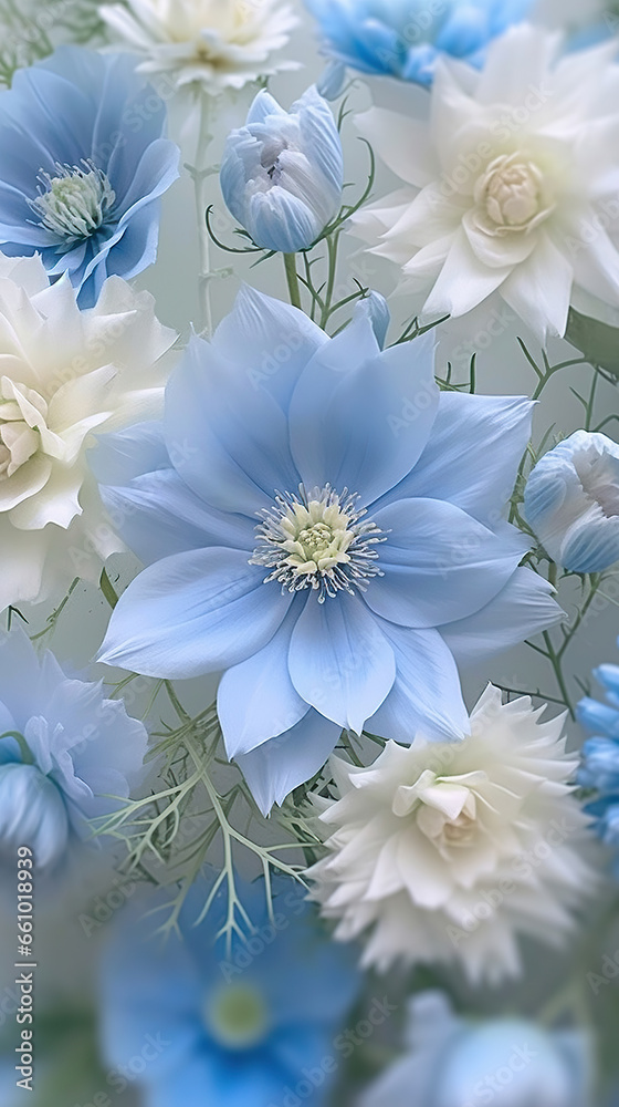 Bouquet of Serenity: Blue and White Blooms,flowers on blue,white and blue flowers