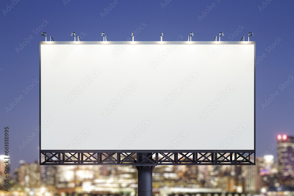 Blank white billboard on cityscape background at evening, front view. Mock up, advertising concept Blank white billboard on cityscape background at evening, front view. Mock up, advertising concept