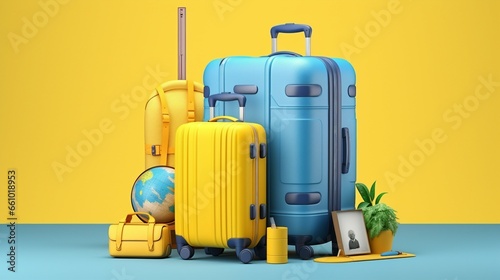 Yellow suitcase with traveler accessories on blue background. summer travel concept. 3d rendering