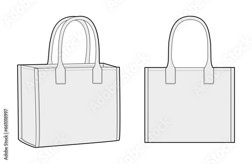 Tote Box Bag silhouette bag. Fashion accessory technical illustration. Vector satchel front 3-4 view for Men, women, unisex style, flat handbag CAD mockup sketch outline isolated