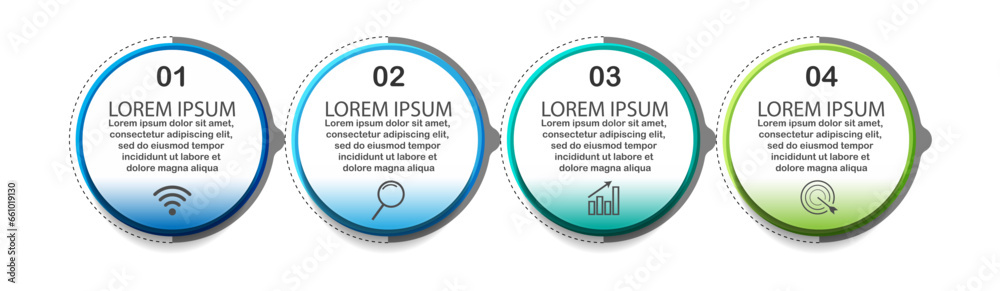 Fototapeta premium infographic template design, minimalist concept, interconnected circles with 4 steps, lines and colors in each step, good for your business presentation
