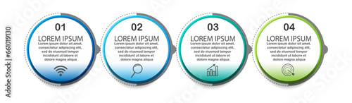 infographic template design, minimalist concept, interconnected circles with 4 steps, lines and colors in each step, good for your business presentation
