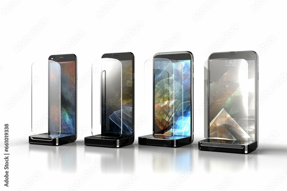 Artistic smartphone model shown from various angles, featuring a transparent display isolated on a white background. Generative AI