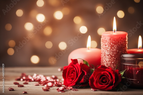 Valentines day background with red roses and candles on wooden table photo