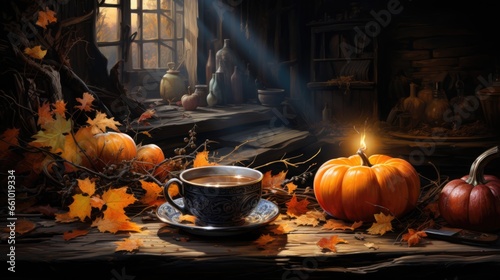 Coffee served in an environment decorated with the concept of Halloween