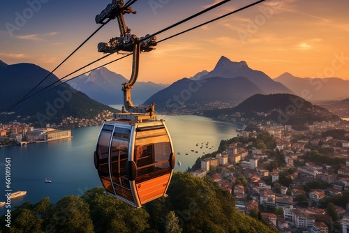Cable car in Lugano with city view. Generative AI photo