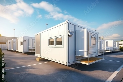 3D view of portable office buildings for construction sites. Mock up of white container site office and cabins. Generative AI