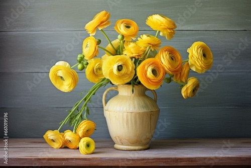 Yellow ranunculus in vintage vase on wooden table. Generative AI