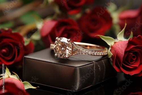Wedding rings with red roses on dark background, closeup photo