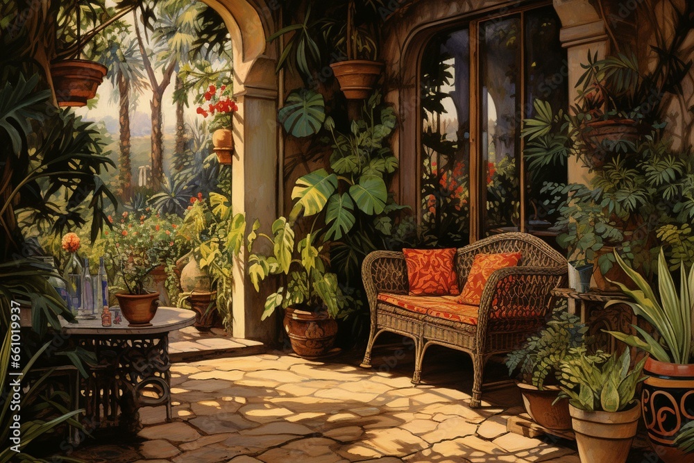 A scene with furniture in an outdoor setting surrounded by plants and a doorway. Generative AI
