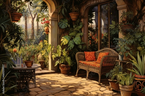 A scene with furniture in an outdoor setting surrounded by plants and a doorway. Generative AI