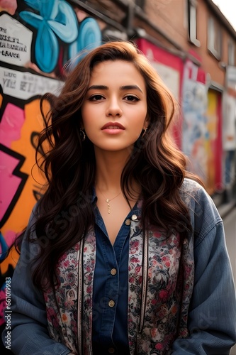 Urban Elegance: Stunning Woman with Long Brunette Straight Hair and Graffiti Background