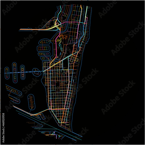 Colorful Map of MiamiBeach, Florida with all major and minor roads.