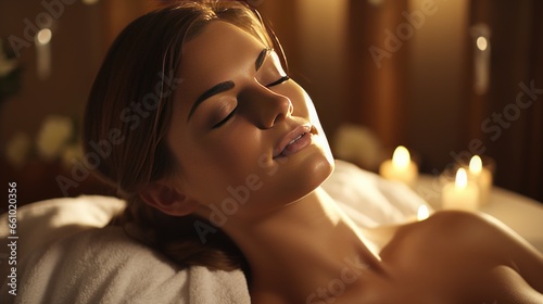 Woman lying peacefully on the massage bed.