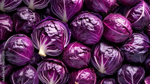 Heads of red cabbage in the form of a massive background. Generative AI. photo