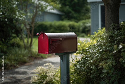 Red Mailbox in Front of House, USPS, Generative AI