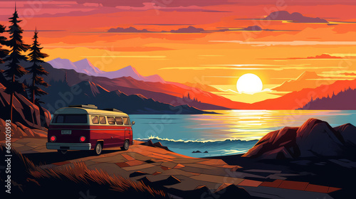 A charming cartoon depiction of a vanlife-style sunset landscape, capturing the essence of mobile adventure and nature's beauty