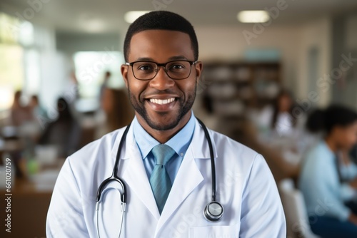Doctor smiling, Afro American physician with medical stethoscope and coat, blur hospital background