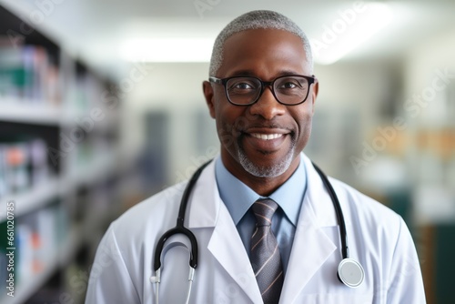 Doctor smiling, Afro American physician with medical stethoscope and coat, blur hospital background