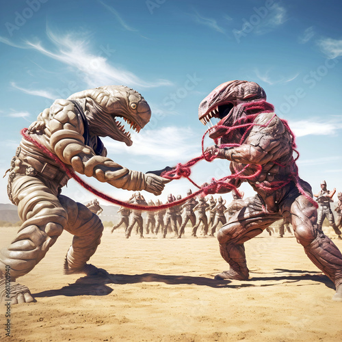Two aliens in the desert fighting. AI generated.