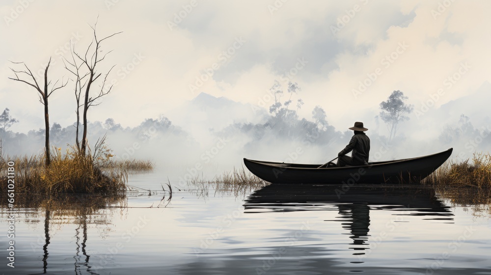 A fisherman sailing his boat on a foggy lake.