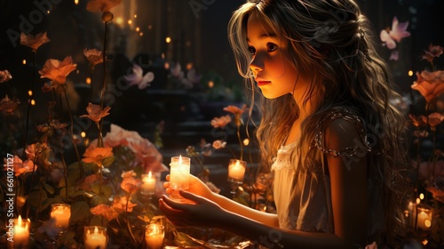 Picture of a girl holding a candle in a room full of flowers and candles.