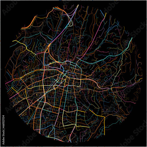 Colorful Map of SantaFe, New Mexico with all major and minor roads. photo