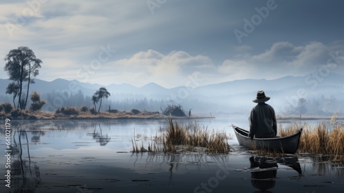 A fisherman sailing his boat on a foggy lake.