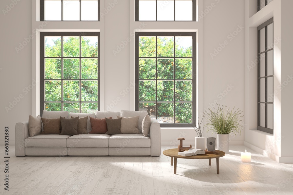 Modern interior concept with sofa and summer landscape in window. 3D illustration Modern interior concept with sofa and summer landscape in window. 3D illustration