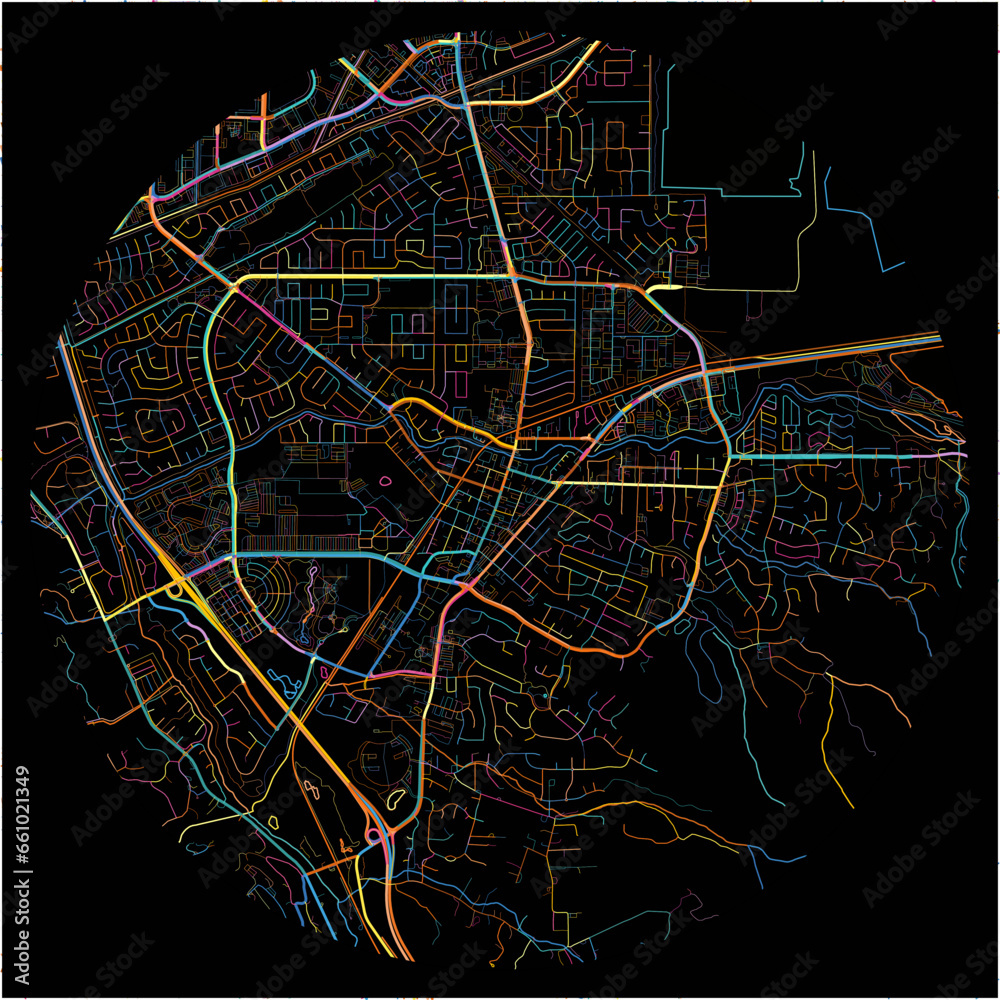 Colorful Map of Pleasanton, California with all major and minor roads.