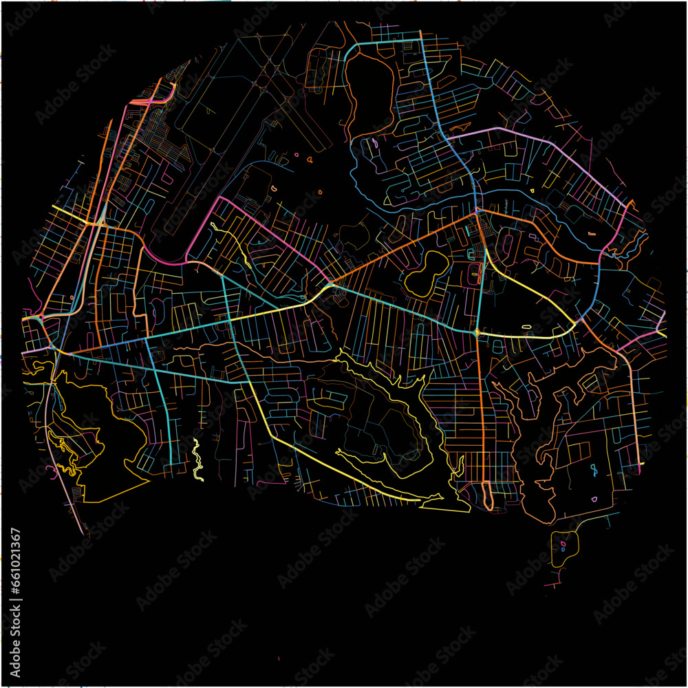 Colorful Map of Warwick, Rhode Island with all major and minor roads.