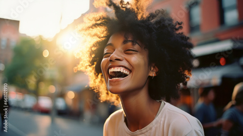Happy young woman in street..Laughing with arms up. Freedom concept. © AllistairBot/Peopleimages - AI