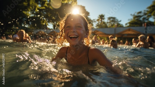Close-up photo of child swimming in the pool.