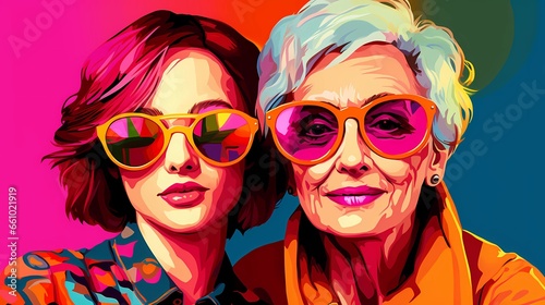 Portrait of mother and daughter in mature age, generational differences, contact with parents, illustration in pop art style