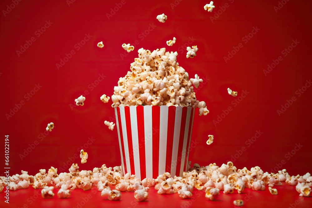 Paper cup with popcorn on bright red background. Striped box. Cinema, movies and entertainment minimal vertical concept with copy space