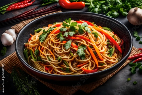 A vibrant bowl of steaming Asian noodles, garnished with colorful vegetables and herbs - AI Generative