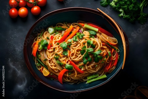 A vibrant bowl of steaming Asian noodles, garnished with colorful vegetables and herbs - AI Generative