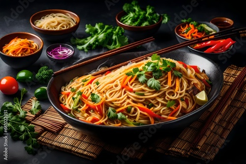 A vibrant bowl of steaming Asian noodles  garnished with colorful vegetables and herbs - AI Generative