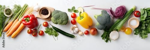 Nature's spectrum: banner background filled with raw organic produce flat lay photo